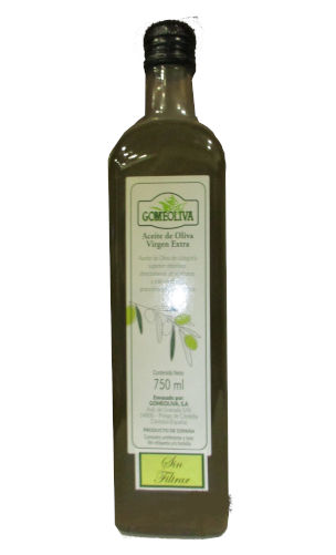 Botella de cristal de aceite de oliva virgen extra gomeoliva