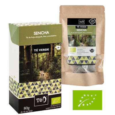 Caja de te verde sencha y bolsa con infusiones de verde sencha y logo de producto ecologico europeo