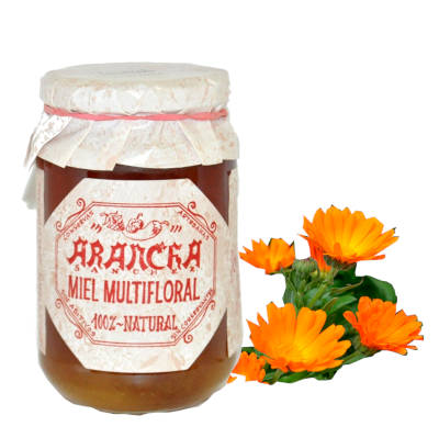 tarro con miel de multifloral Arancha 100% natural y varias flores naturales