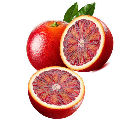 naranja sanguina entera y naranja sanguina abierta a la mitad donde se ve su interior