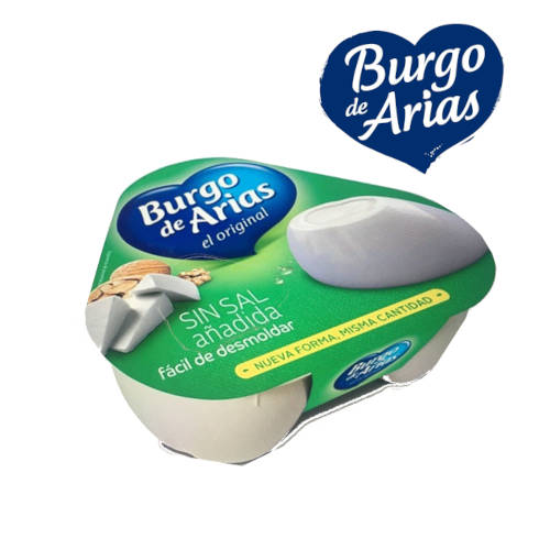un paquete de queso-burgo-de-arias bajo en sal queso burgo de arias bajo en sal pack 3 y logo de la marca burgo de arias